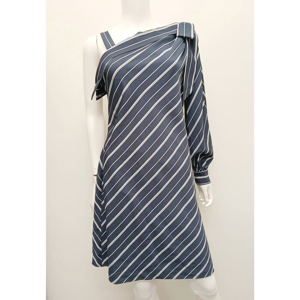 ECI New York One Shoulder Bow Asymmetrical Shift Dress Blue Pinstripe Size 6